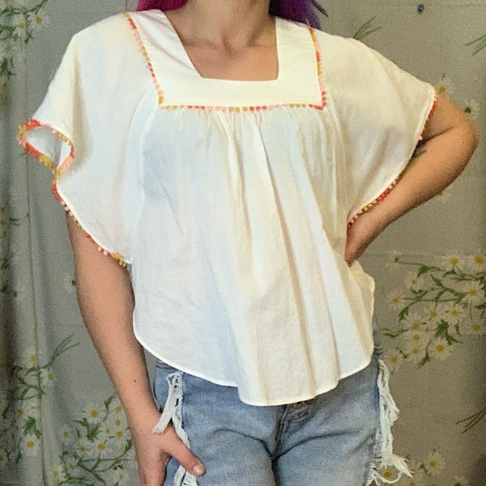 Madewell white Mexican pink red bauble trim square neck peasant blouse